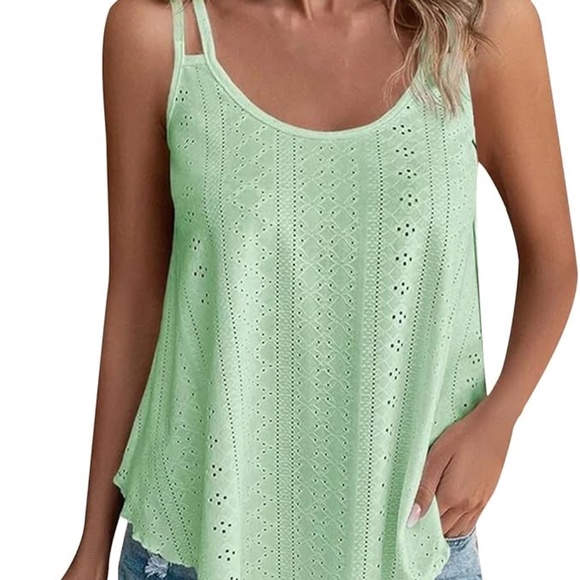 V FOR CITY Women's Eyelet Double Spaghetti Strap Adjustable Shelf Cami - Mint Gr - Picture 1 of 10